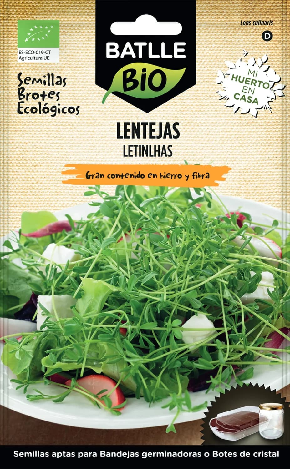 semillas lenteja ecológicas germinados en envase