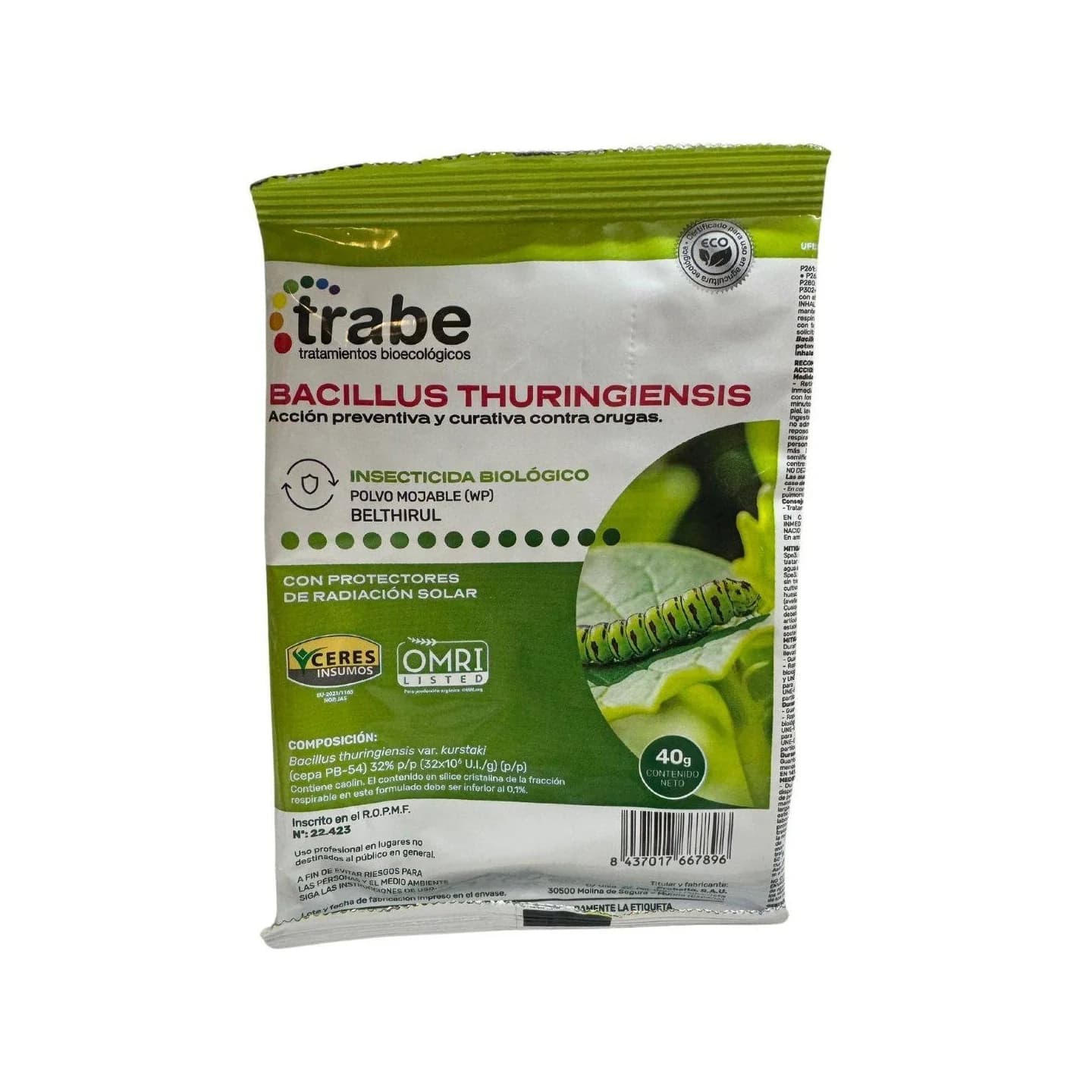 Bacillus Thuringiensis 40 g Trabe para control de orugas